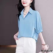 【MsMore】 襯衫短袖韓版寬鬆大碼V領顯瘦薄款中長上衣# 122014 M 藍色