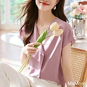 【MsMore】 時髦氣質不對稱翻領襯衫式寬鬆顯瘦V領短袖短版上衣# 122049 L 藕粉色
