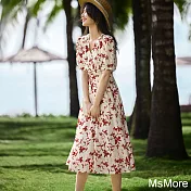 【MsMore】 法式V領短袖茶歇優雅氣質收腰顯瘦碎花連身裙長版洋裝# 122050 L 紅色