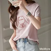 【MsMore】 短袖T恤洋氣刺繡韓版寬鬆薄款圓領甜美短版上衣# 122059 L 粉紅色