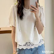 【MsMore】 蕾絲拼接泡泡短袖圓領時尚洋氣寬鬆短版上衣# 122064 M 白色