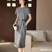 【MsMore】 深灰色圓領短袖連身裙腰帶收腰顯瘦簡約氣質長版洋裝# 122079 M 深灰色