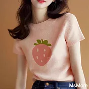 【MsMore】 草莓圓領短袖橘粉針織短版上衣# 122090 FREE 粉橘色
