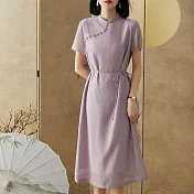 【MsMore】 花枝浮夢短袖溫婉國風新中式立領緹花洋裝長版洋裝# 122096 M 紫色