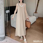 【MsMore】 假兩件背心連身裙圓領寬鬆氣質顯瘦長裙洋裝# 122099 3XL 米杏色