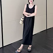 【MsMore】 假兩件背心連身裙圓領寬鬆氣質顯瘦長裙洋裝# 122099 3XL 黑色