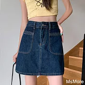 【MsMore】 懷舊洗水牛仔短裙高腰顯瘦遮胯遮肚安全內裡A字包臀半身裙# 122128 L 深藍色