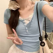 【MsMore】 甜辣妹蕾絲邊碎花短袖圓領T恤假兩件短版上衣# 122130 L 藍色