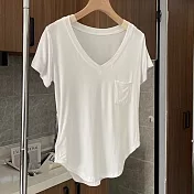 【MsMore】 舒服觸感口袋V領短袖百搭顯瘦休閒純色T恤短版上衣# 122132 M 白色