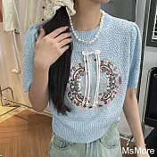 【MsMore】 新中式國風復古重工刺繡針織衫利圓領短袖甜美減齡別致短版上衣# 122134 FREE 藍色