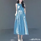 【MsMore】 韓版時尚寬鬆無袖系帶氣質無袖薄款大碼連身裙背心長版洋裝# 122148 L 藍色