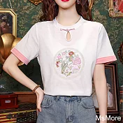 【MsMore】 國風T恤圓領重工刺繡軟彈休閒短袖短版上衣# 122149 2XL 白色