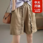 【慢。生活】中大尺碼棉麻復古木耳邊休閒短褲 60322  FREE 卡其色