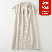 【慢。生活】中大尺碼棉麻打褶寬鬆舒適A字排扣連衣裙 51013  FREE 杏色
