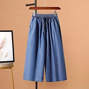 【ACheter】 竹節紋直筒褲七分褲天絲感牛仔抽繩闊腿褲女薄款高腰# 121802 XL 深藍色