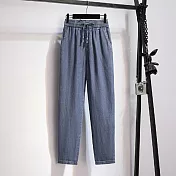 【ACheter】 薄款天絲感復古水洗牛仔褲鬆緊腰九分冰絲蘿蔔哈倫長褲寬鬆# 121803 2XL 灰藍色