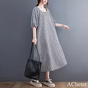 【ACheter】 文藝復古黑白格圓領中袖連身裙寬鬆大碼長版洋裝# 121881 M 格子色