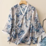 【ACheter】 日系V領蘭竹印花復古民族風棉麻感短袖短版上衣# 121890 L 藍色
