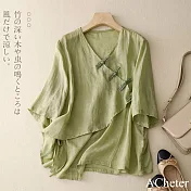 【ACheter】 棉麻文藝手工盤扣寬鬆遮肚V領系帶襯衫七分袖短版上衣# 121941 M 綠色