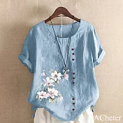 【ACheter】 大碼棉麻感印花上衣寬鬆圓領短袖國畫風中長版# 121944 3XL 藍色