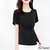【ACheter】 冰絲簡約圓領短袖法式浪漫純色短版上衣# 122007 M 黑色