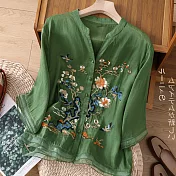 【ACheter】 高檔棉麻感上衣刺繡新中式國風拼接包扣襯衫七分袖短版# 122122 M 綠色