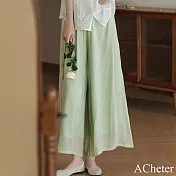 【ACheter】 鬆緊高腰國風側邊長帶子刺繡雙層開叉闊腿褲七八分裙褲# 122123 L 綠色