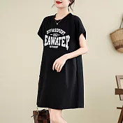 【ACheter】 大碼圓領寬鬆印花T恤短袖設計感收腰顯瘦連身裙短版洋裝# 122144 2XL 黑色