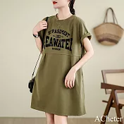 【ACheter】 大碼圓領寬鬆印花T恤短袖設計感收腰顯瘦連身裙短版洋裝# 122144 L 軍綠色