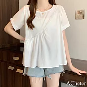【ACheter】 日本外單日系東大門棉麻感上衣寬鬆大碼圓領短袖短版# 122145 4XL 白色