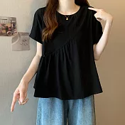 【ACheter】 日本外單日系東大門棉麻感上衣寬鬆大碼圓領短袖短版# 122145 L 黑色