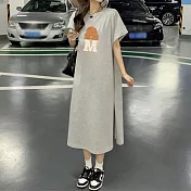 【MsMore】 韓國短袖T恤寬鬆顯瘦過膝帽字母膠印休閒連身裙開叉圓領洋裝# 122161 L 灰色