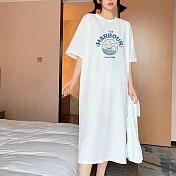 【MsMore】 韓國ins長款過膝短袖T恤時尚開叉字母印花連身裙圓領洋裝# 122162 L 白色