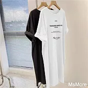 【MsMore】 韓國短袖連身裙大碼顯瘦中長款T恤圓領過膝休閒洋裝# 122163 L 白色