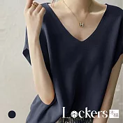 【Lockers 木櫃】夏季顯瘦桑蠶絲V領針織T恤 L113052701 L 藏青色