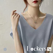 【Lockers 木櫃】夏季顯瘦桑蠶絲V領針織T恤 L113052701 L 灰藍色