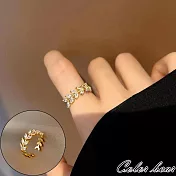 【卡樂熊】輕奢高級感水晶樹葉造型戒指- 金色