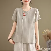 【ACheter】 中式國風圓領盤扣刺繡寬鬆棉麻上衣短款短袖# 122213 L 灰色