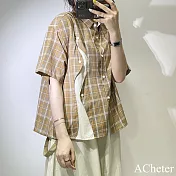 【ACheter】 時尚設計師撞色拼接格子短袖襯衫寬鬆薄款百搭短版上衣# 122226 L 黃色