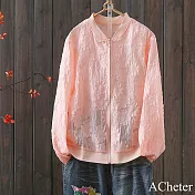 【ACheter】 緹花防曬長袖外套輕薄韓版透亮拉鍊夾克中長罩衫# 122232 M 粉紅色