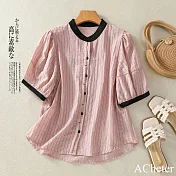【ACheter】 撞色條紋短袖襯衫寬鬆減齡別致泡泡袖小衫短版上衣# 122234 M 粉紅色