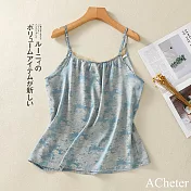 【ACheter】 山水墨麻緞印花吊帶背心無袖內搭復古文藝寬鬆短版上衣# 122246 L 藍色