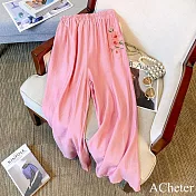 【ACheter】 中國風闊腿復古文藝休閒寬鬆顯瘦鬆緊腰頭刺繡涼涼九分長褲# 122264 2XL 粉紅色