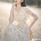 【MsMore】 V領仙氣高質感蝴蝶印花中袖收腰設計款長版洋裝# 122032 M 白色