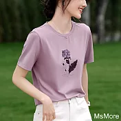 【MsMore】 休閒短袖T恤圓領印花刺繡灰紫時尚百搭寬鬆顯瘦短版上衣# 122057 L 紫色