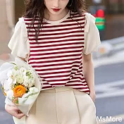 【MsMore】 時尚條紋拼接圓領短袖T燈籠短袖棉質寬鬆顯瘦短版上衣# 122062 2XL 紅色