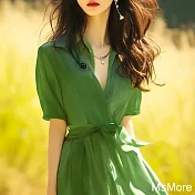 【MsMore】 森系文藝超仙氣薄荷曼波綠色雪紡襯衫連身裙短袖長版洋裝# 122165 M 綠色