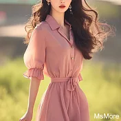 【MsMore】 茶歇法式短袖森系文藝超仙氣粉色雪紡襯衫連身裙長版洋裝# 122172 M 粉紅色