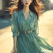 【MsMore】 今年流行漂亮薄荷曼波風穿搭氣質短袖綠色襯衫絲質雪紡連身裙長洋裝# 122173 M 綠色