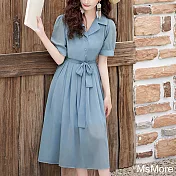 【MsMore】 茶系穿搭精緻超好看藍色短袖雪紡襯衫連身裙長洋裝# 122194 2XL 天空藍色